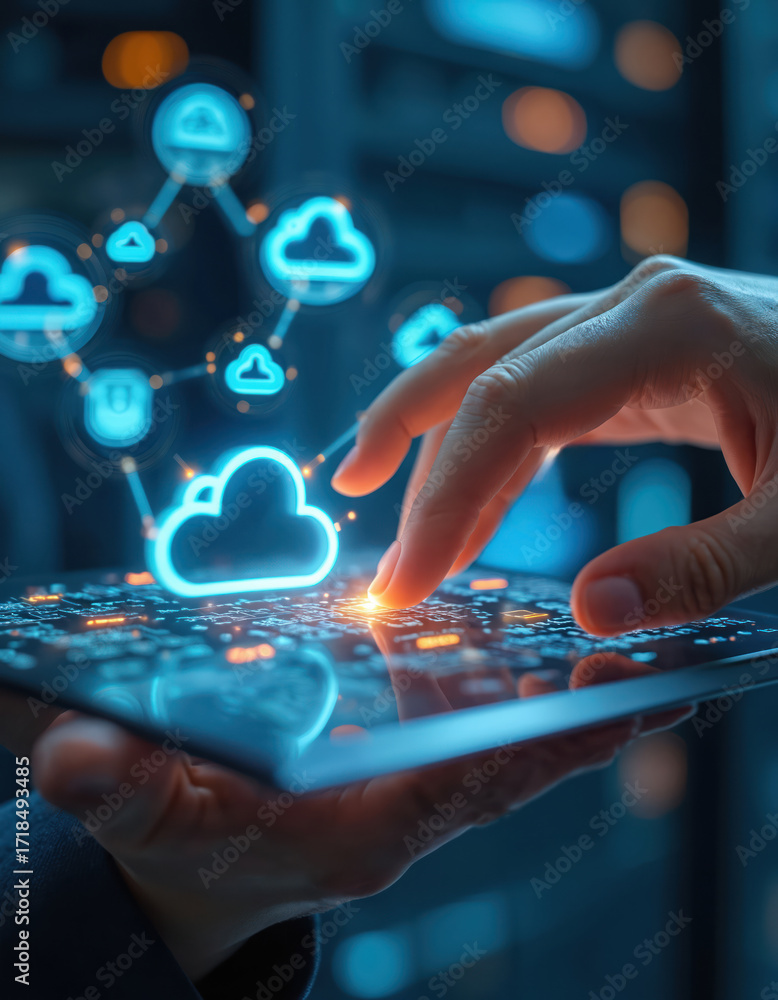 Aufkleber hand interacts with digital interface showing cloud computing network. futuristic technology with gl
