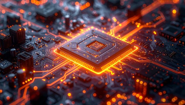 Glowing processor on circuit board; intricate details