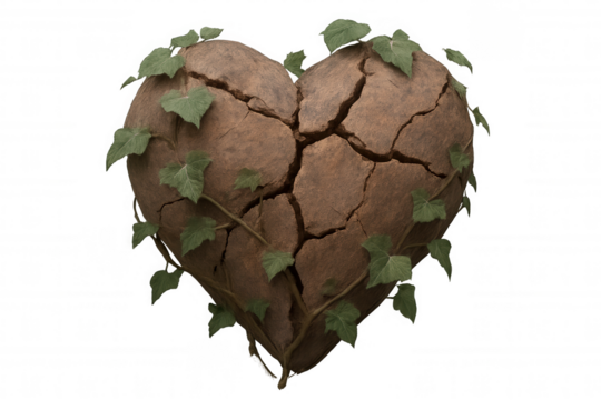 Broken heart representing heartbreak and sadness, with green ivy foliage symbolizing hope and growth