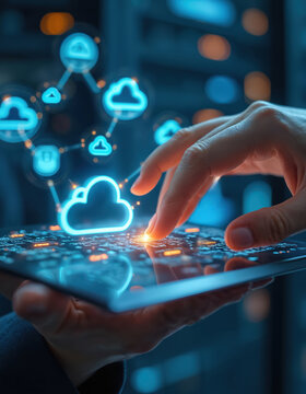 Hand interacts with digital interface showing cloud computing network. Futuristic technology with glowing icons, data streams connects devices. Represents virtual storage, online services, cyber
