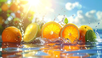 Citrus slices splashing in water