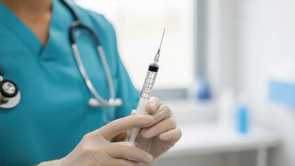 Medical professional in scrubs holds syringe with needle, preparing for injection in a hospital setting, medicine, healthcare, vaccination - Powered by Adobe