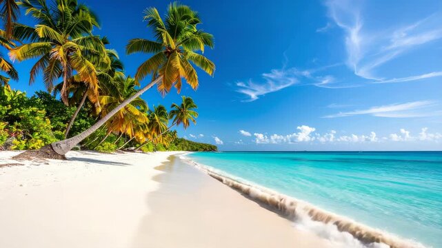 Idyllic tropical beach with turquoise water, white sand, and leaning palm trees under a blue sky with sparse clouds on a summer day.