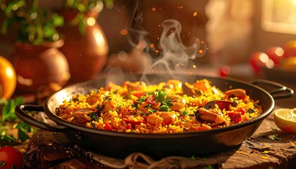 Savory Paella in a Black Pan with Warm Glowing Light and Rising Steam on a Wooden Table with Rustic Backdrop
