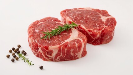 Fototapeta premium Two beef steaks with rosemary garnish