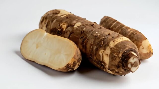 Fresh Brown Taro Root and Sliced Wedges on White Backdrop in Bright Studio Lighting