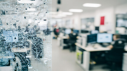 Modern office workspace with digital network overlay