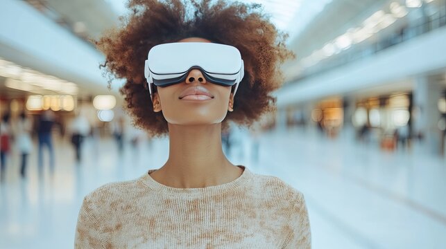 Young african american woman experiencing virtual reality in public space