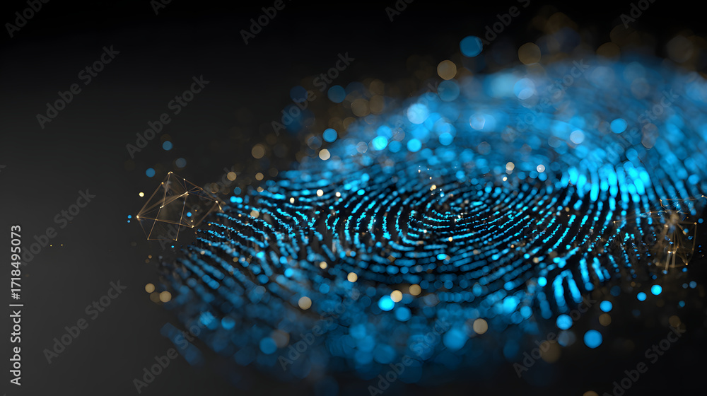 Poster glowing 3d fingerprint icon with digital network design, symbolizing security and identity verificat