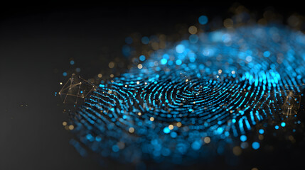 glowing 3D fingerprint icon with digital network design, symbolizing security and identity verification. vibrant blue colors enhance its modern appeal