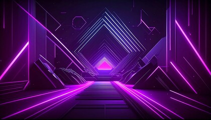 Glowing purple neon lines form geometric shapes in a dark, futuristic space