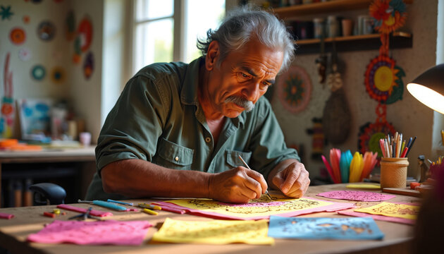 Hispanic senior man creates colorful papel picado in workshop. Artisan uses tools on table, crafting traditional Mexican folk art. Skillful hands shape paper, preserving cultural heritage,