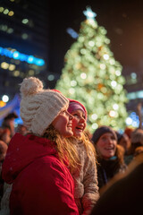 joyful family gathers around towering christmas tree in toronto sharing warm hugs and laughter