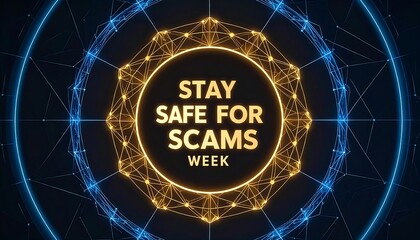 Digital graphic promoting a week-long campaign against scams.  Nested circles of glowing gold and blue lines.  Text "STAY SAFE FOR SCAMS WEEK" in gold lettering.  Abstract design