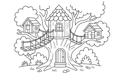 Fototapeta premium Enchanting treehouse adventure for kids' coloring or design projects