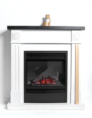White fireplace with black accents