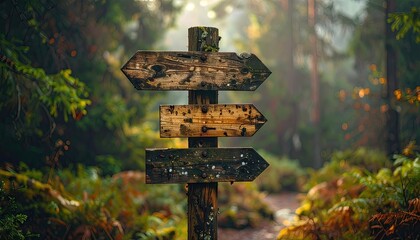 Rustic Wooden Signpost at Forest Trail Junction Amidst Verdant Foliage with Morning Light Creating Depth and Directional Choices and Misty Background