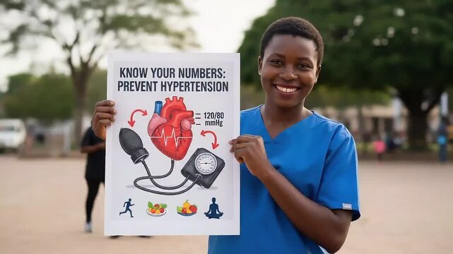 Smiling young African woman in scrubs holds sign about hypertension prevention outdoors promoting health awareness initiative