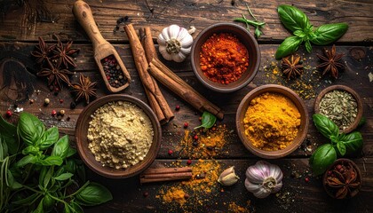 Rustic Wooden Table Displaying an Assortment of Spices in Bowls with Herbs and Garlic