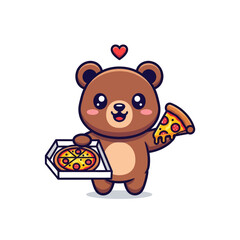 A cute cartoon bear holding a pizza box and a slice of pizza, with a heart above its head.