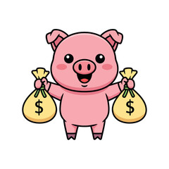 A cute pink cartoon pig stands happily while holding two yellow money bags with dollar signs.