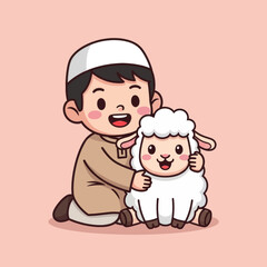 Cute cartoon Muslim boy in traditional attire hugging a fluffy white lamb, celebrating Eid al-Adha.