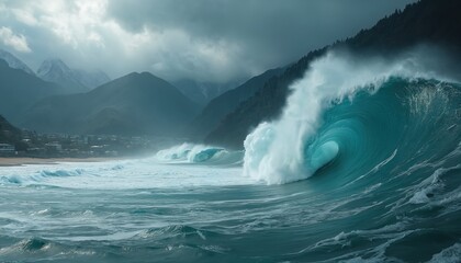 Obraz premium Massive turquoise wave barrels towards coastal town nestled beneath dramatic, cloud-covered mountains. Powerful ocean surf crashes ashore under stormy sky, emphasizing nature raw energy, untamed