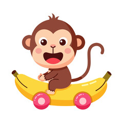A cute cartoon baby monkey happily riding on a yellow banana car with pink wheels, isolated on a white background.