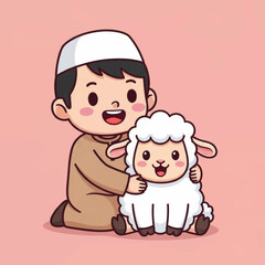 Cartoon of a boy wearing a kufi hugging a sheep on a pink background.