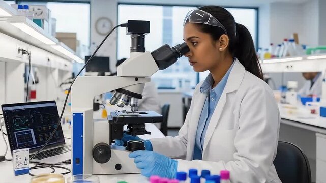 Scientist examining sample under microscope in modern laboratory with laptop, test tubes and equipment, medical research and pharmaceutical development