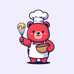 Cute cartoon red bear chef holding whisk and bowl.