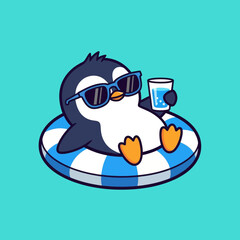 A cool cartoon penguin wearing sunglasses relaxes on a blue and white inflatable ring while holding a glass of water.