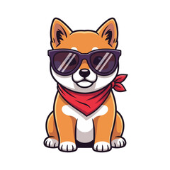 A cute cartoon illustration of a Shiba Inu dog wearing cool sunglasses and a red bandana, sitting down.