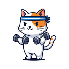 Cute cartoon cat wearing a blue headband and lifting dumbbells, showcasing a fitness or workout theme.