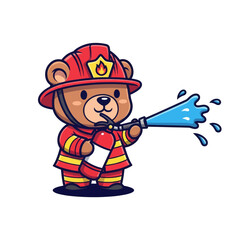 Cartoon bear firefighter spraying water from a fire extinguisher.