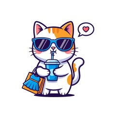 Cute cartoon cat wearing sunglasses, holding a shopping bag and a drink, expressing enjoyment.