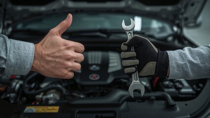 Thumbs up hand with wrench in engine bay