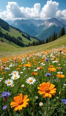 Fototapeta premium Green mountain meadow bursting with vibrant wildflowers in full bloom. Orange daisies, white daisies, blue asters create colorful tapestry against rolling hills, distant peaks under bright blue sky