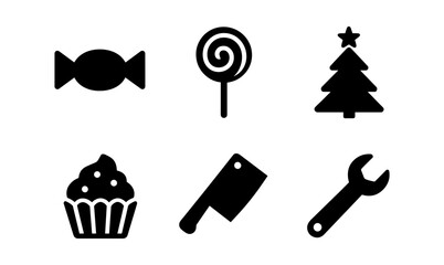 Collection of bold black icons: candy, lollipop, christmas tree, cupcake, cleaver, wrench