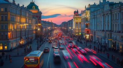 Obraz premium Cars move along the city street as the cars drive under the glowing evening sky. Buildings line the street while cars create a vibrant scene during twilight.