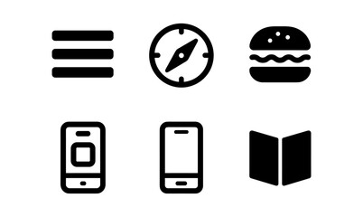 Minimalist icons: menu, compass, burger, smartphone, book