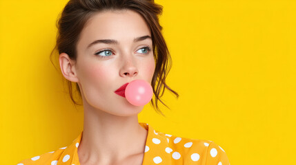 Colorful pop art concept portrait of young woman with bubblegum against yellow background