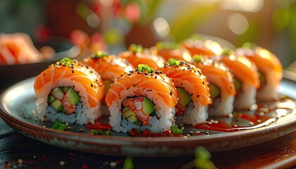 Salmon Sushi Rolls with Avocado on Dark Plate Close Up Photography Gourmet Japanese Cuisine and Fresh Sliced Raw Fish Traditional Food with Rice