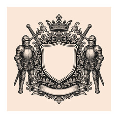 Vintage vector hand drawing logo of crest knight 