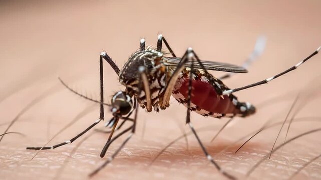 Aedes aegypti Mosquito Biting Skin, Macro Shot, Full of Blood, Disease Vector, Close Up, Pest Control, Health Risk, Insect
