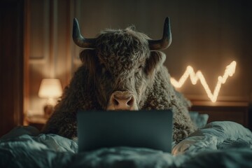 Bull enthusiastically engages with laptop at night. How to trade crypto. How crypto blurs the line between freedom and financial danger. Crypto mistakes made. Crypto freedom idea.