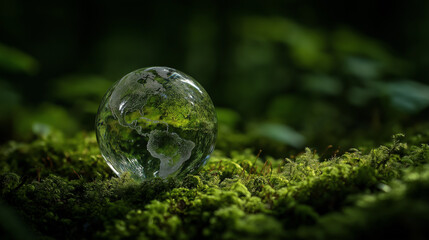Eco illustration of a crystal globe resting on moss in the forest with sunlight, symbolizing sustainability, ecology, and environmental awareness. Perfect for green campaigns, CSR projects, eco lifest