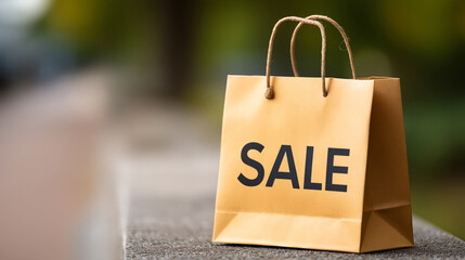 Brown shopping bag with bold sale lettering in motion