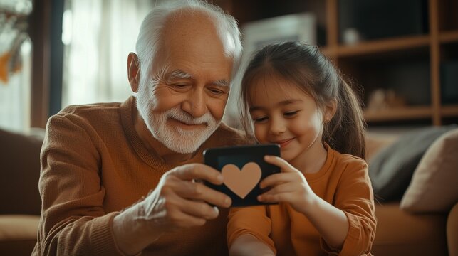 An elderly man and young girl share a tender moment, holding a phone with a heart design. The elderly man and young girl sit closely in a warmly lit room. - Powered by Adobe