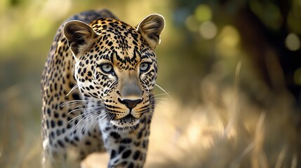 Fototapeta premium A leopard with sharp eyes moves through the grass, the leopard's spots blending with the terrain. The leopard's gaze is steady and the leopard's presence commands the scene.